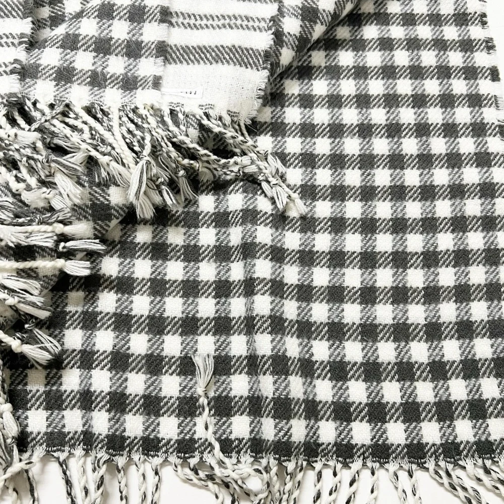 Pottery Barn Home Gray White Striped Gingham Gray Ivory Fringe Throw Blanket